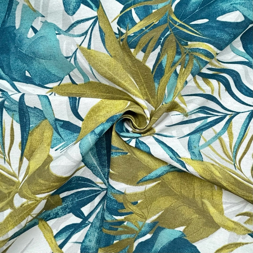 Tropical Leaves Blue-Gold Water Resistant Fabric