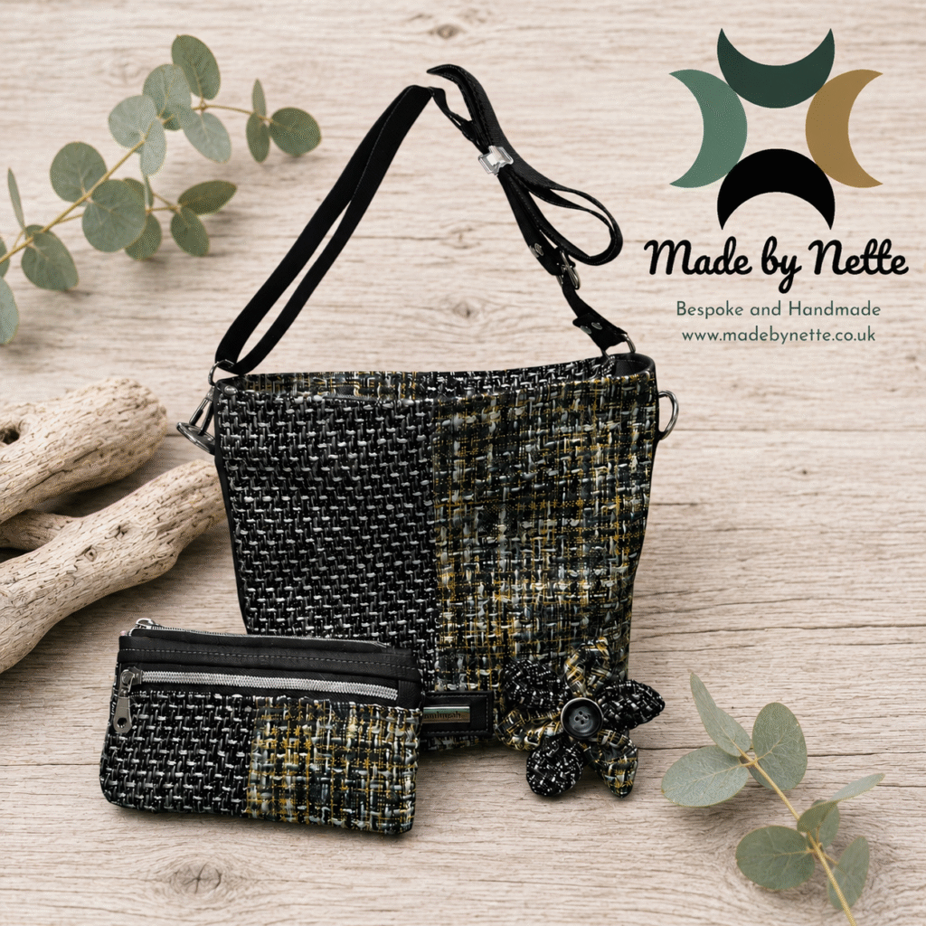 Crossbody Bag, Wallet and Flower Brooch made from a Jacket