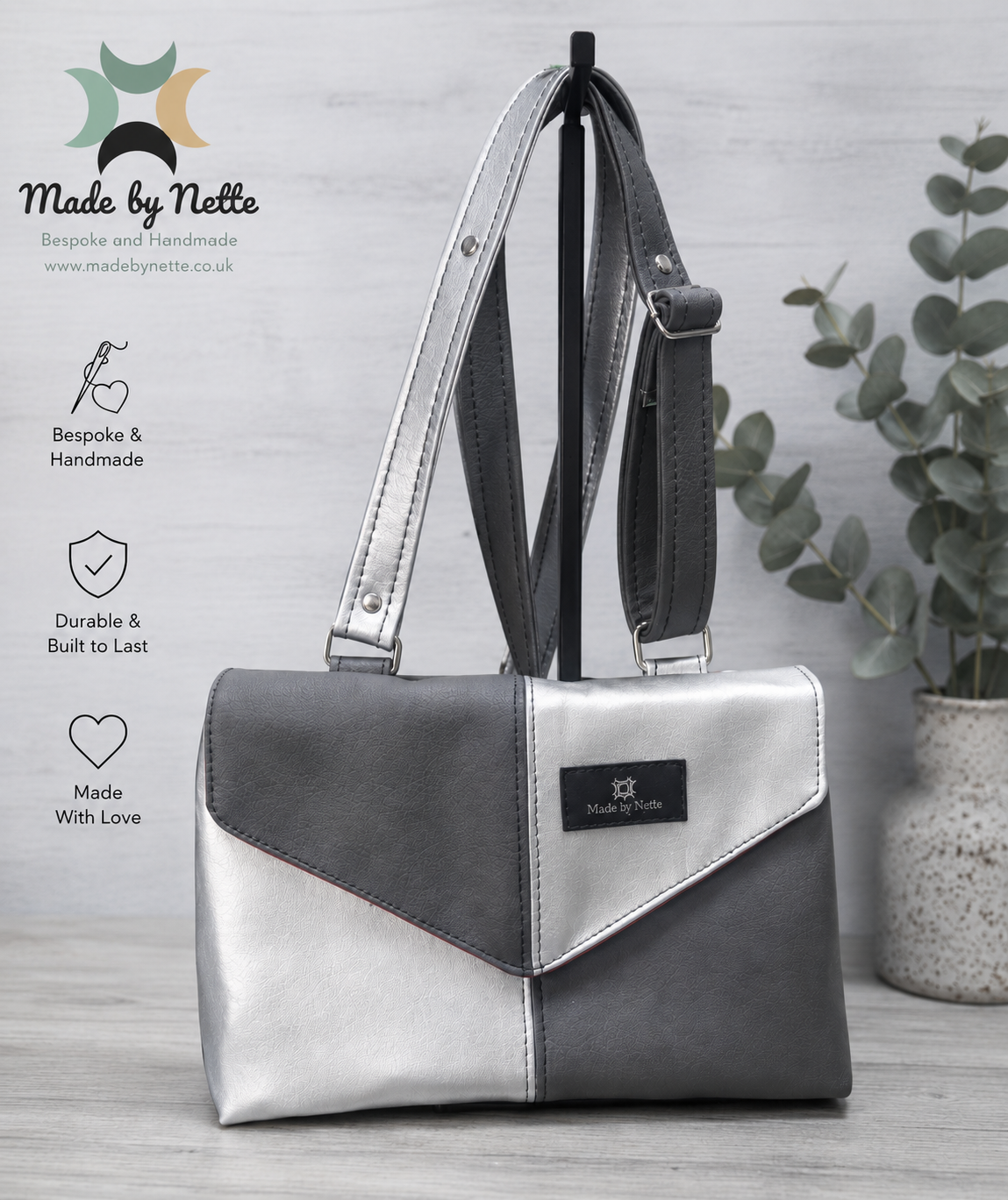 Gaia Bag – Charcoal, Silver & Red In Stock Bags Handmade Ready Made Gaia Bag