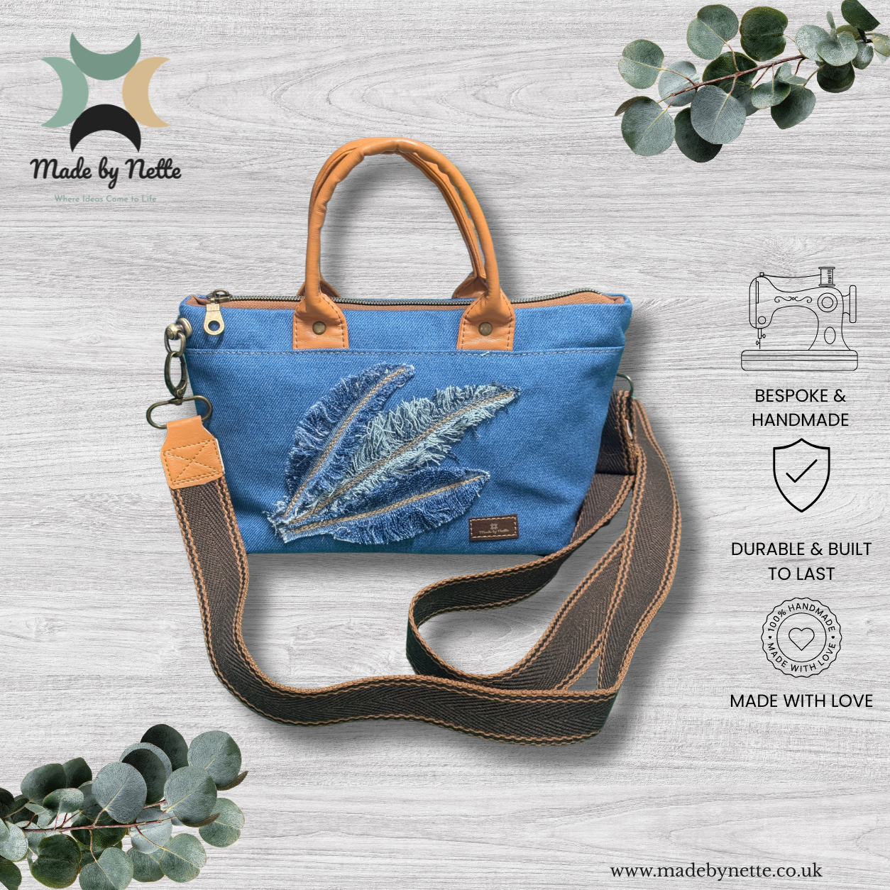 Spirit | Handmade Denim Tote Bag Ready to Ship Handmade Spirit Marcella Bag in Denim and Tan Faux leather showing front view with crossbody strap