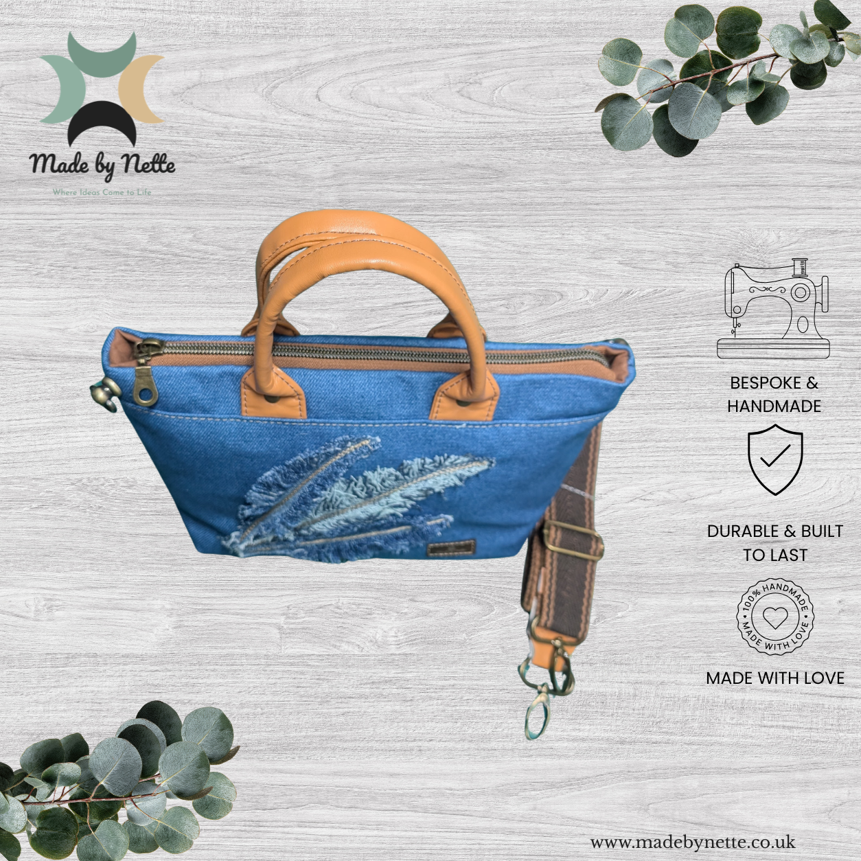 Spirit | Handmade Denim Tote Bag Ready to Ship Handmade Spirit Marcella Bag in Denim and Tan Faux leather showing top view of the zipper closure