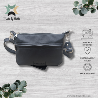 Cleo ready-made Athena crossbody bag in black faux leather with adjustable crossbody strap