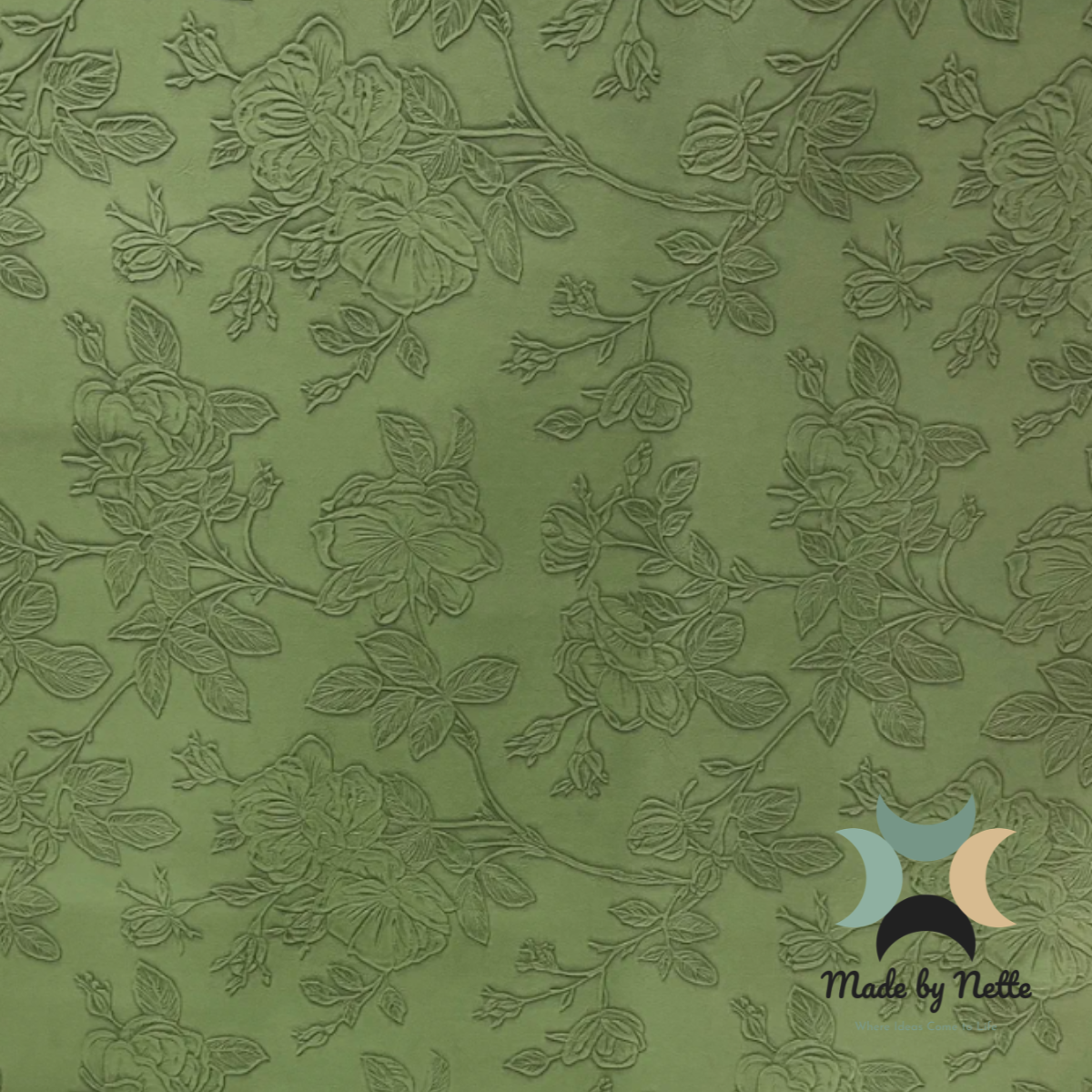 Embossed sage faux leather, combining a soft green shade with a distinctive finish.