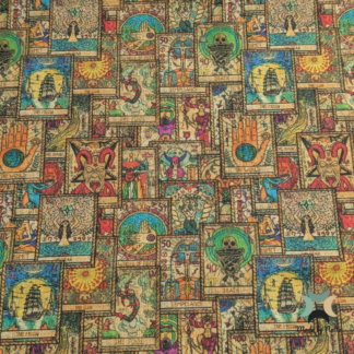 A colourful tarot-inspired cotton print featuring illustrated cards and vibrant decorative details on a warm yellow-toned background.