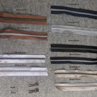 Explore the available zip tape colours and metal finishes to help coordinate the zips with your chosen fabrics and hardware for your Made by Nette bag.